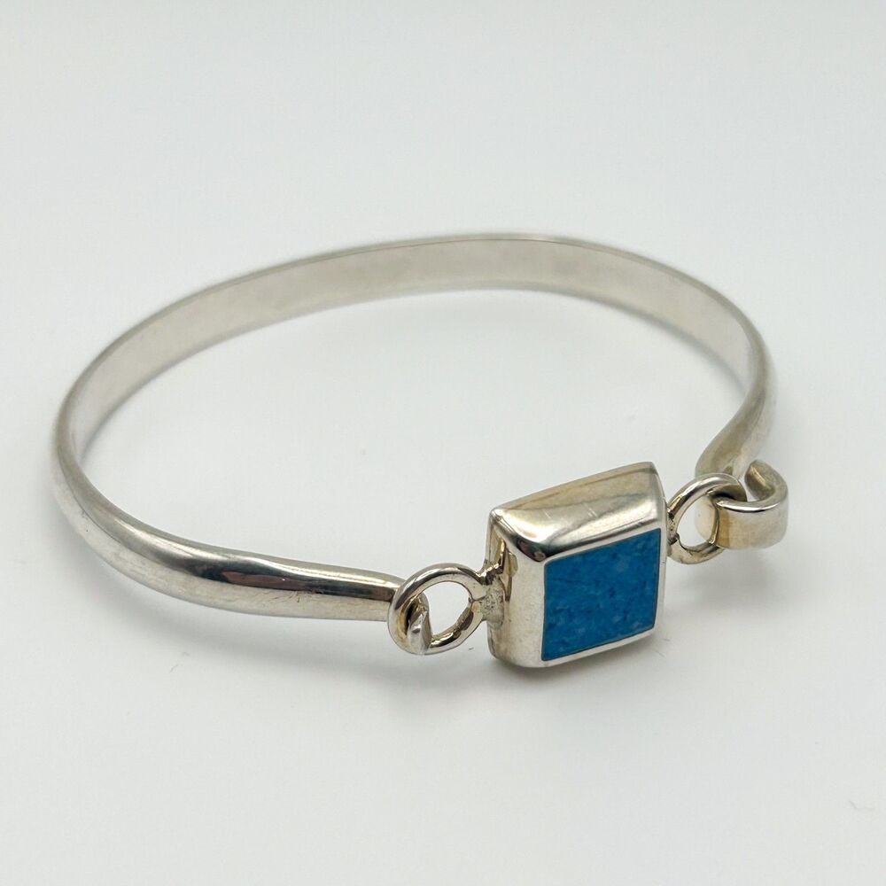 Sterling Silver 925 Hinged Bangle Turquoise-Color Square Stone Southwestern